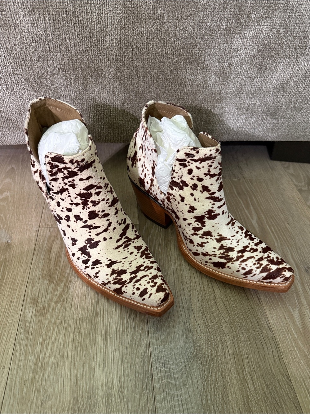 Ariat Cowhide Print Cream and Brown Western Ankle Booties